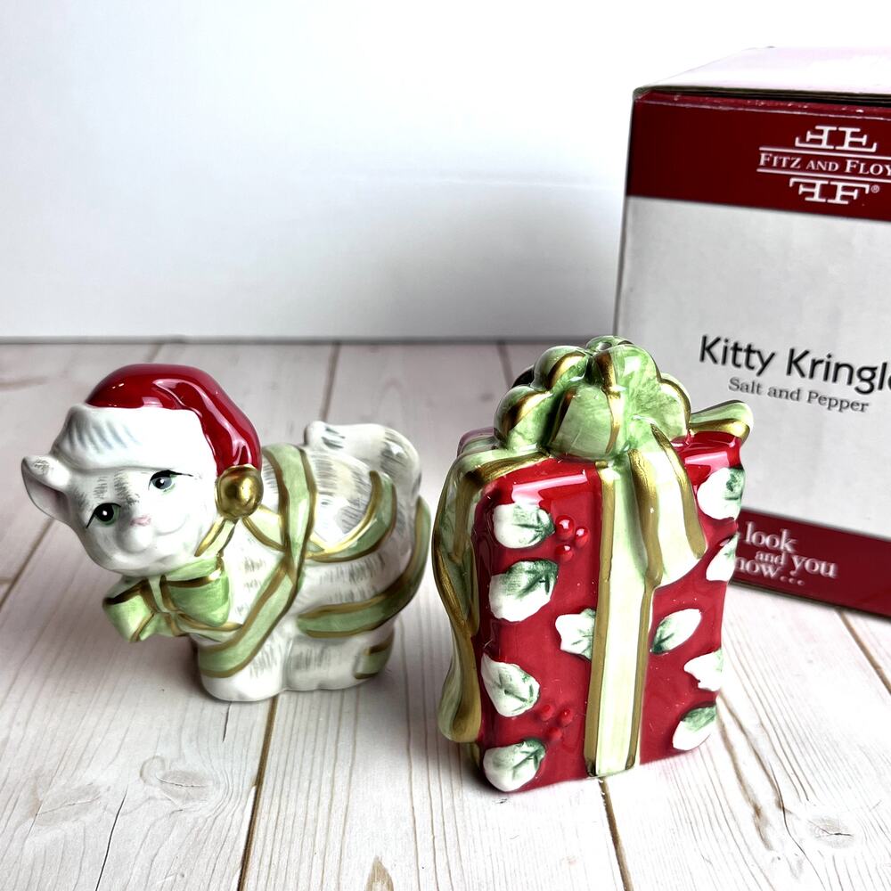 Fitz and Floyd Kitty Kringle Salt Pepper Shakers Original Box 2009 Discontinued
